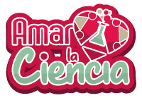 Logo de Amar la ciencia, es de color rojo, dentro se puede visualizar un corazón. Dentro del corazón hay una botella triangular para laboratorio, y la palabra amar es de color rojo y la palabra ciencia se presenta en color verde.